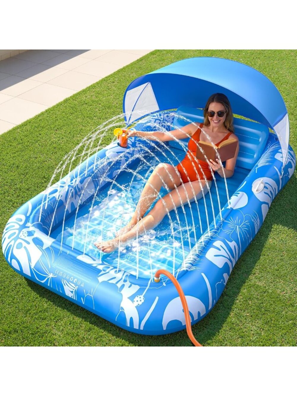 XL Inflatable Tanning Pool Float with Sprinkler, Pillow & Cup Holder - 6 in 1